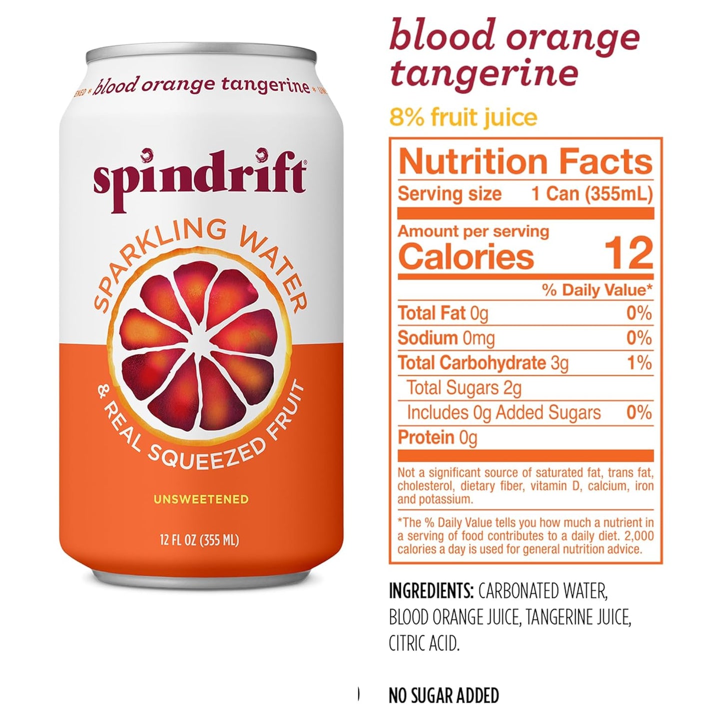 Spindrift Sparkling Water, Blood Orange Tangerine Flavored, Made with Real Squeezed Fruit, 12 Fl Oz Cans, Pack of 24 (Only 12 Calories per Can)