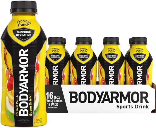 BODYARMOR Sports Drink Sports Beverage, Tropical Punch, Coconut Water Hydration, Natural Flavors With Vitamins, Potassium-Packed Electrolytes, Perfect For Athletes, 16 Fl Oz (Pack of 12)