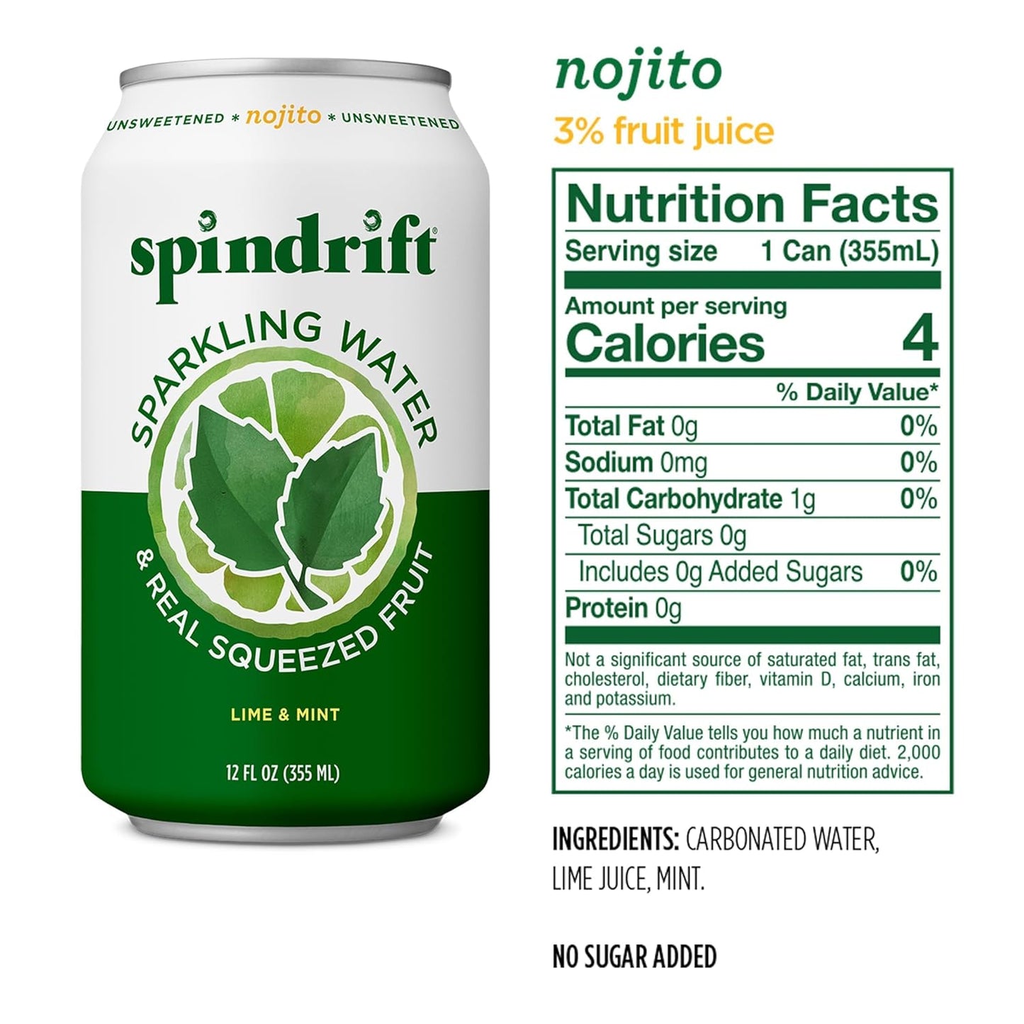 Spindrift Sparkling Water, Nojito Flavored, Made with Real Squeezed Fruit, 12 Fl Oz Cans, Pack of 24 (Only 4 Calories per Can)